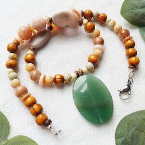 Boho Aventurine Beaded Pendant Necklace, Cottagecore Necklace, Coastal Hippie